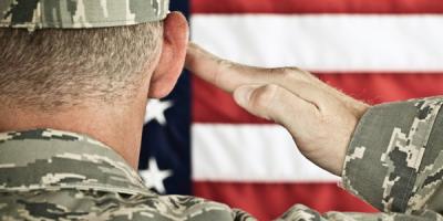Military soldier saluting an American flag