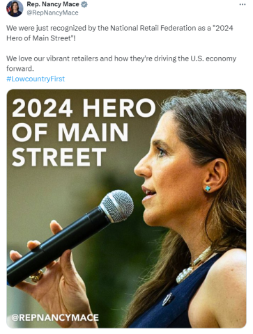Congresswoman Nancy Mace Award Hero of Mainstreet Award