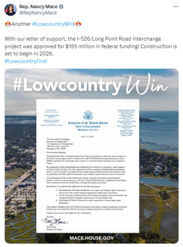 Congresswoman Nancy Mace Letter of Support Lowcountry South Carolina Infrastructure